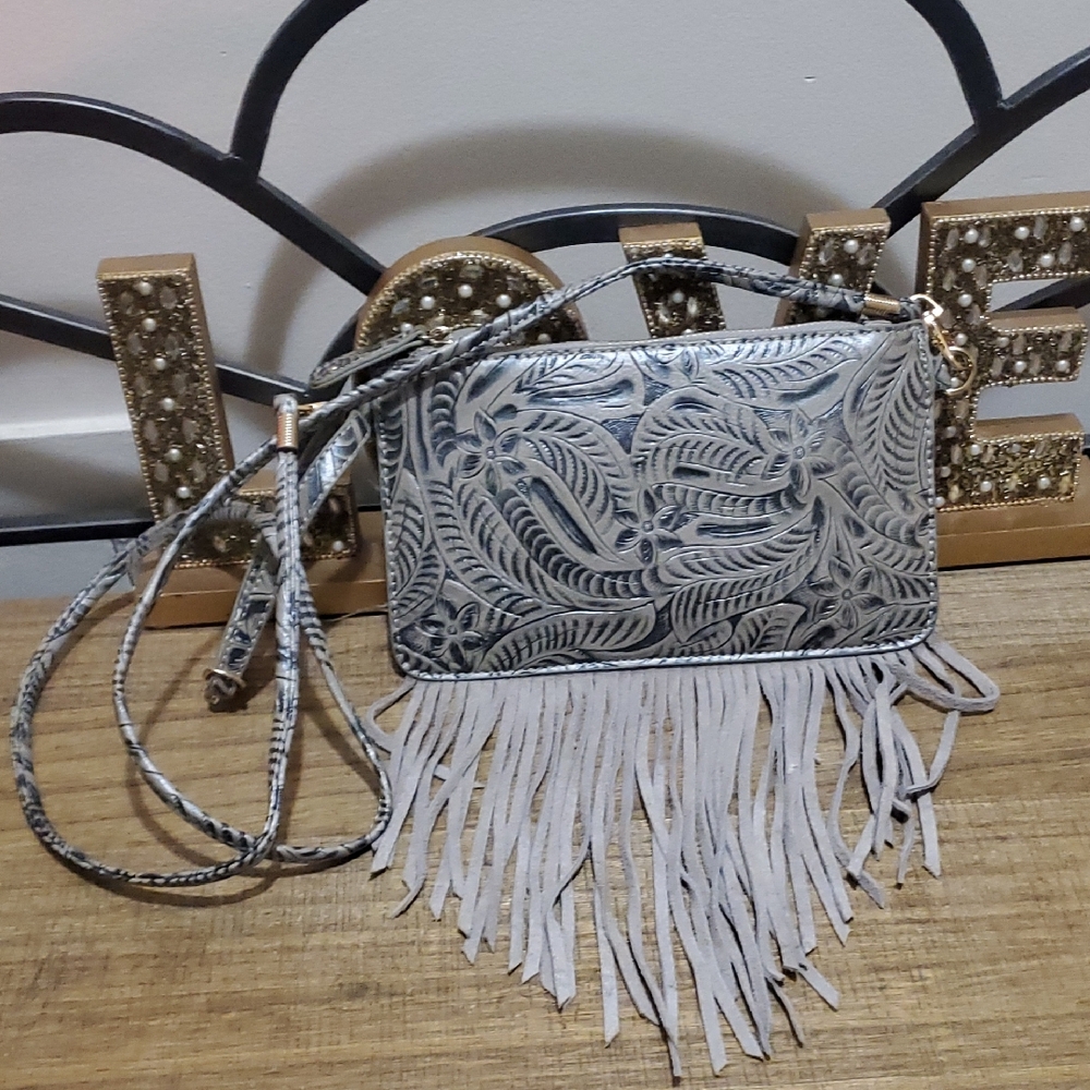 Street Level Womens Embossed Leather‎ Fringe Crossbody/ Wristlet Purse